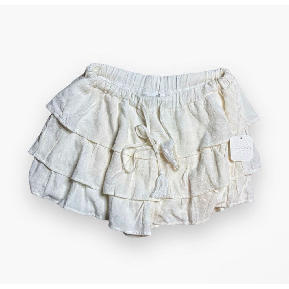 Altar'd State Tiered Ruffle Drawstring Skort White Mini Short Skirt Size S